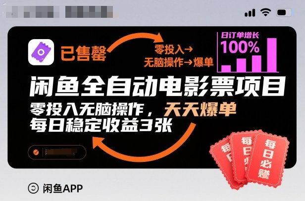 闲鱼全自动电影票项目，零投入无脑操作，天天爆单，每日稳定收益3张【揭秘】-龙大资源