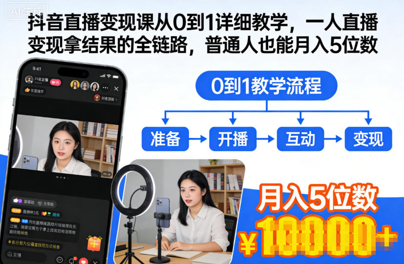 抖音直播变现课从0到1详细教学，一人直播变现拿结果的全链路，普通人也能月入5位数-龙大资源