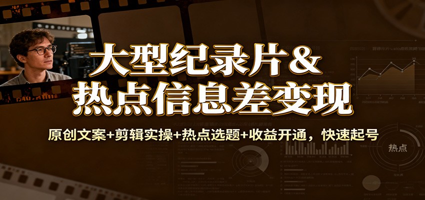大型纪录片&热点信息差变现：原创文案+剪辑实操+热点选题+收益开通，快速起号-龙大资源