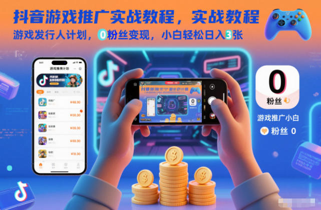 抖音游戏推广实战教程，游戏发行人计划，0粉丝变现，小白轻松日入3张-龙大资源
