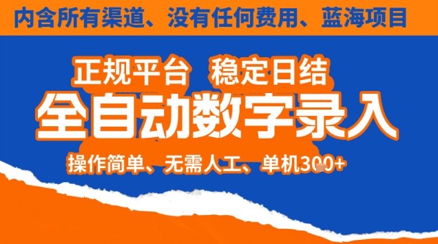 全自动数字录入，单机日入3张+，内含所有渠道全程免费零成本，操作简单可矩阵开干【揭秘】-龙大资源