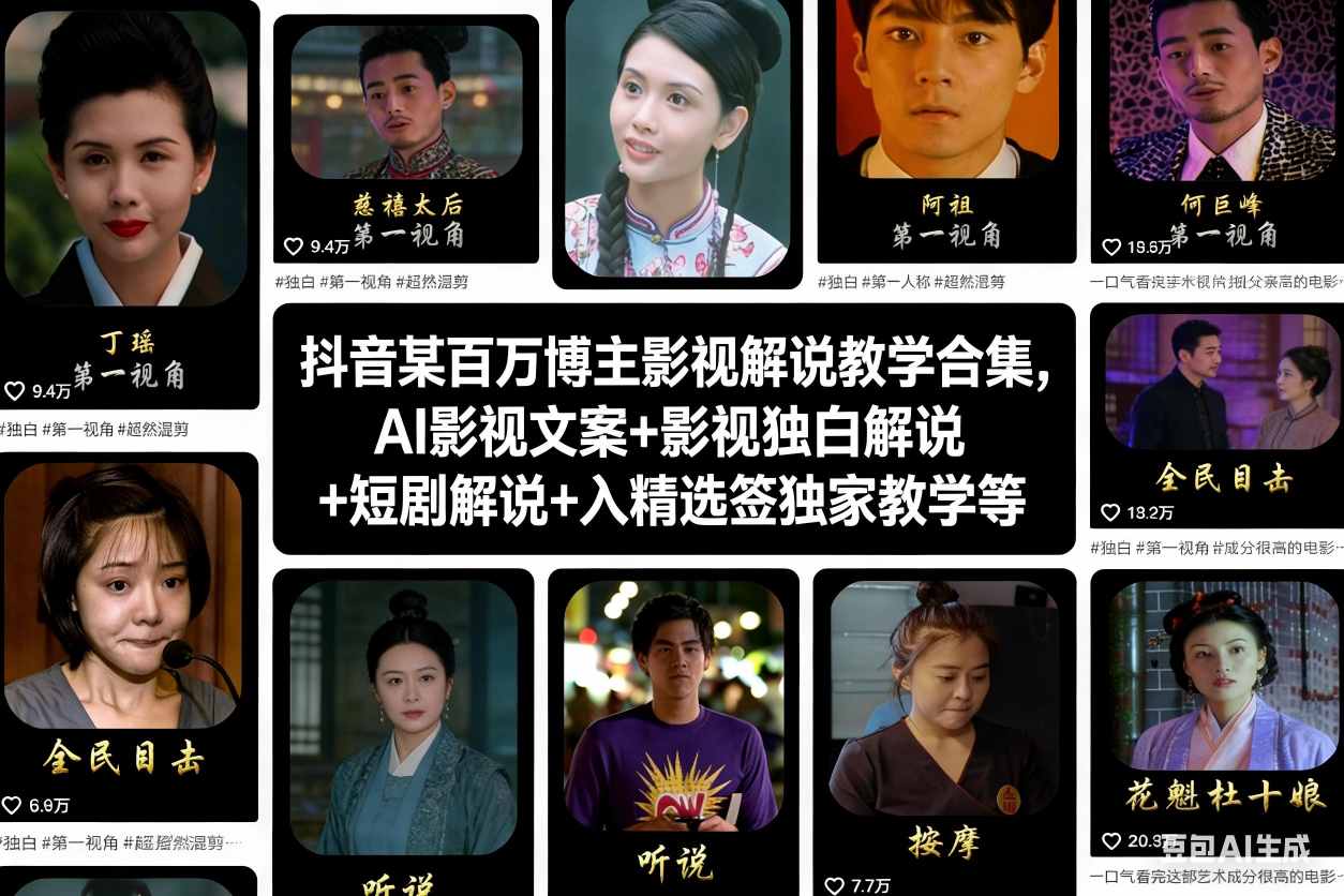 抖音某百万博主影视解说教学合集，AI影视文案+影视独白解说+短剧解说+入精选签独家教学等-龙大资源