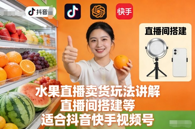 水果直播卖货玩法讲解、直播间搭建等，适合抖音快手视频号-龙大资源