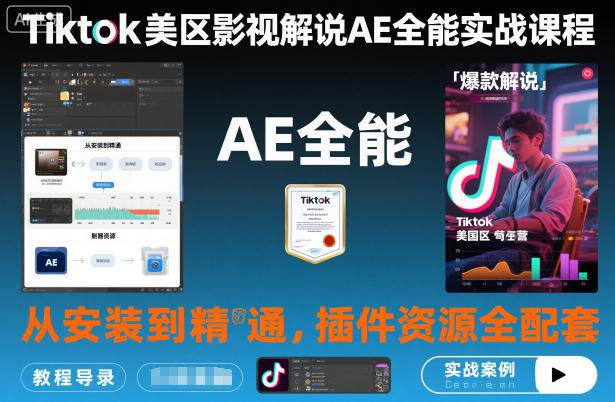 Tiktok美区影视解说AE全能实战课程：从安装到精通，插件资源全配套，TK影视解说必学-龙大资源