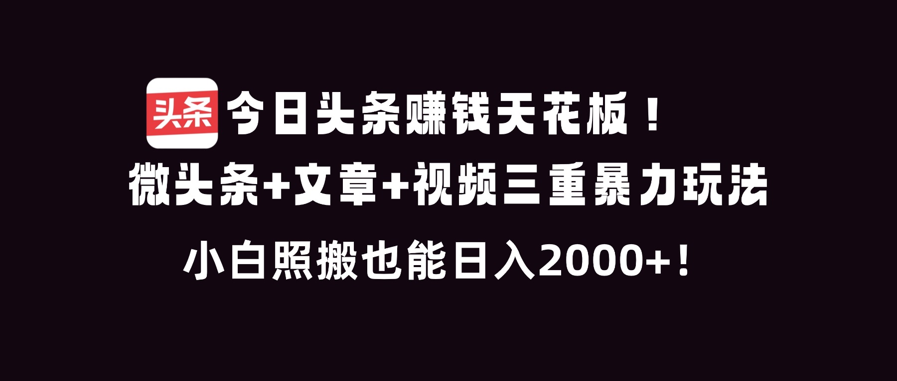 今日头条赚钱天花板！微头条+文章+视频三重暴利玩法，小白照搬也能日人2000+-龙大资源
