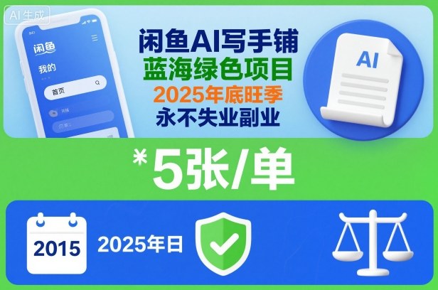 闲鱼AI写手铺,蓝海绿色项目,一单5张,2025年底旺季,永不失业副业-龙大资源