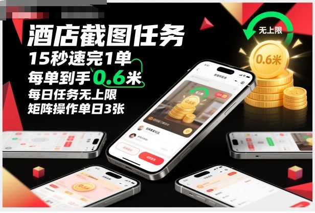 酒店截图任务，15秒速完1单，每单到手0.6米，每日任务无上限，全网首发玩法，矩阵操作单日3张【揭秘】-龙大资源