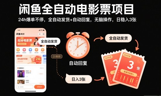 闲鱼全自动电影票项目，24h爆单不停，全自动发货+自动回复，无脑操作，日稳入3张【揭秘】-龙大资源