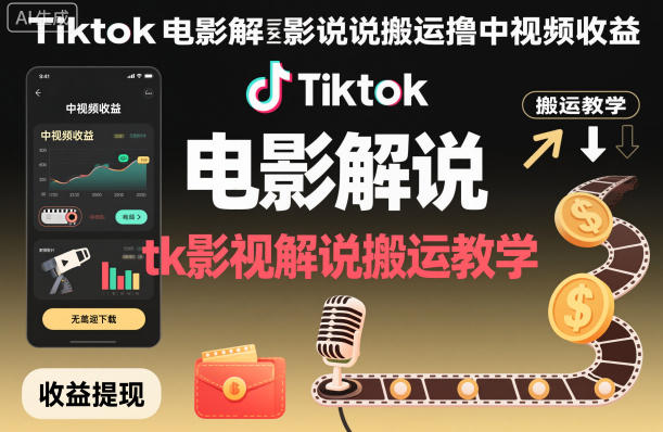 Tiktok电影解说搬运撸中视频收益，tk影视解说搬运教学-龙大资源