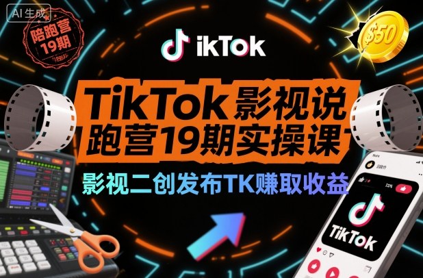 TikTok影视解说陪跑营19期实操课，影视二创发布TK賺取收益，万播收益50美金-龙大资源