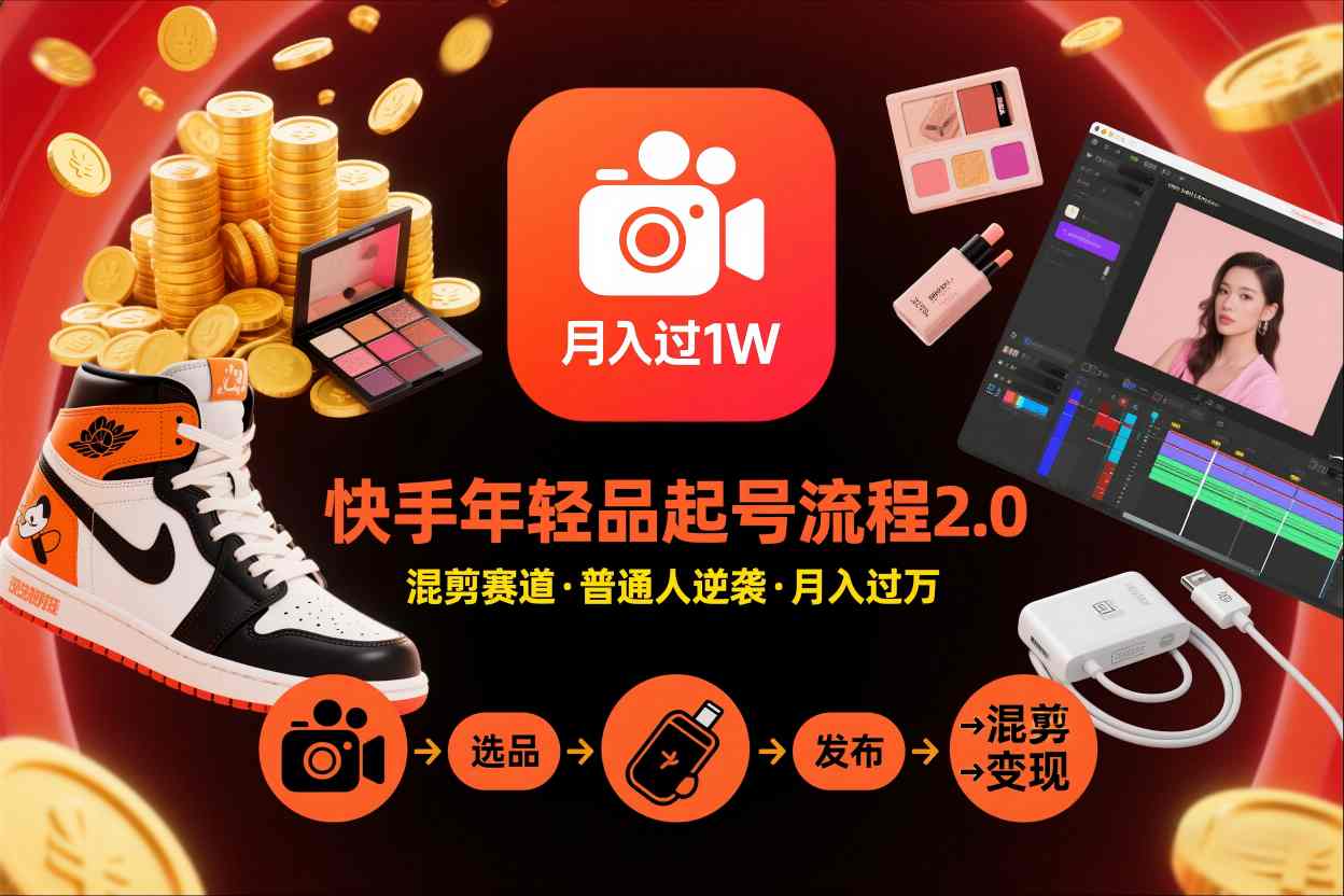 快手短视频带货年轻品起号流程2.0，快手年轻品混剪赛道，普通人也能月入过1W-龙大资源