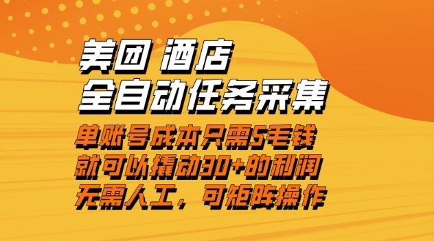 美团酒店全自动任务采集,单账号几毛钱就能撬动30+利润,成本低,操作简单,当天到账【揭秘】-龙大资源