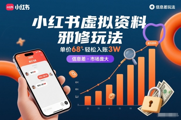 小红书虚拟资料邪修玩法，单价68，轻松入账3W，信息差玩法，市场庞大-龙大资源