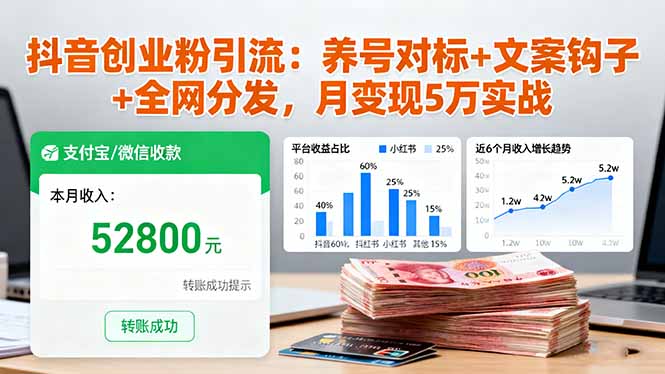 抖音创业粉引流：养号对标+文案钩子+全网分发，月变现5万实战-龙大资源