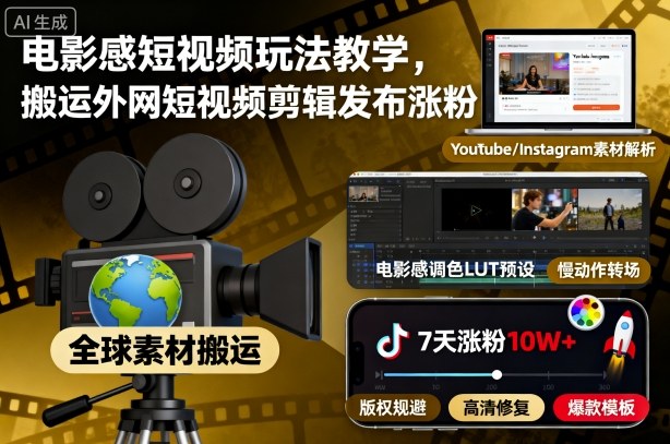 电影感短视频玩法教学，搬运外网短视频剪辑发布涨粉-龙大资源