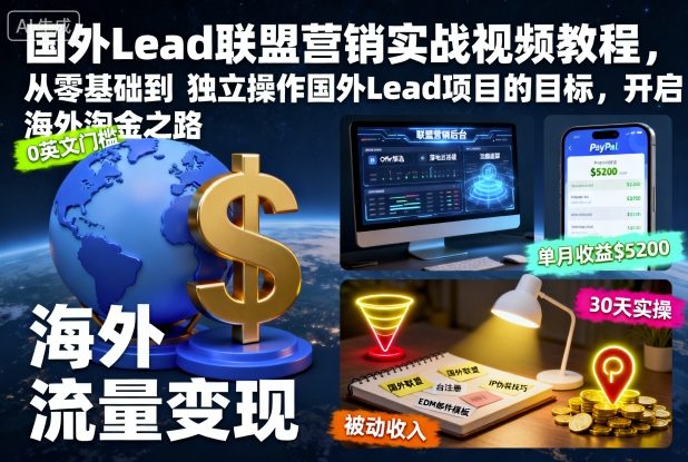 国外Lead联盟营销实战视频教程，从零基础到独立操作国外Lead项目的目标，开启海外淘金之路-龙大资源