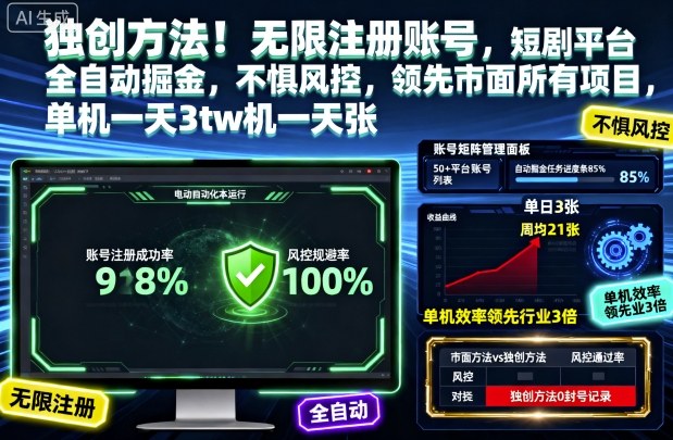 独创方法！无限注册账号，短剧平台全自动掘金，不惧风控，领先市面所有项目，单机一天3张【揭秘】-龙大资源