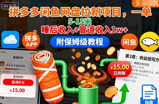 拼多多闲鱼网盘拉新项目，一单5-15米，睡后收入+管道收入1w+(附保姆级教程)-龙大资源