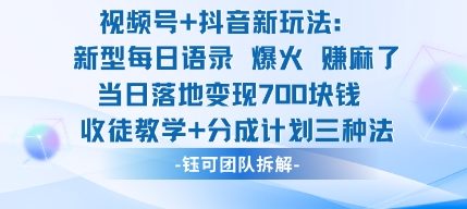 视频号加抖音新玩法：爆火新型每日语录，收徒教学加分成计划，三种变现玩法，当日变现7张-龙大资源