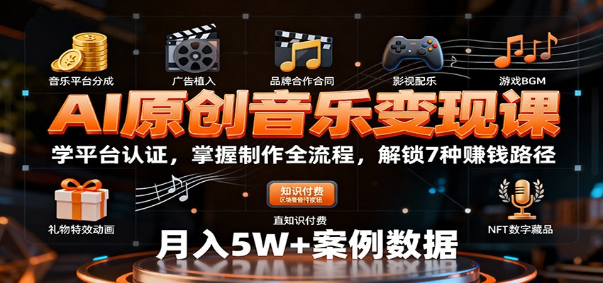 AI原创音乐变现课：学平台认证，掌握制作全流程，解锁7种赚钱路径-龙大资源