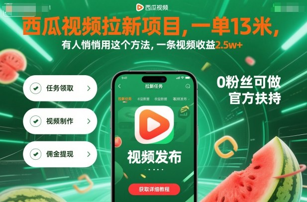 西瓜视频拉新项目，一单13米，有人悄悄用这个方法，一条视频收益2.5w+(附详细教程)-龙大资源