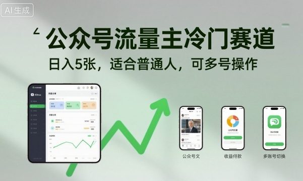 公众号流量主冷门赛道，日入5张，适合普通人，可多号操作-龙大资源