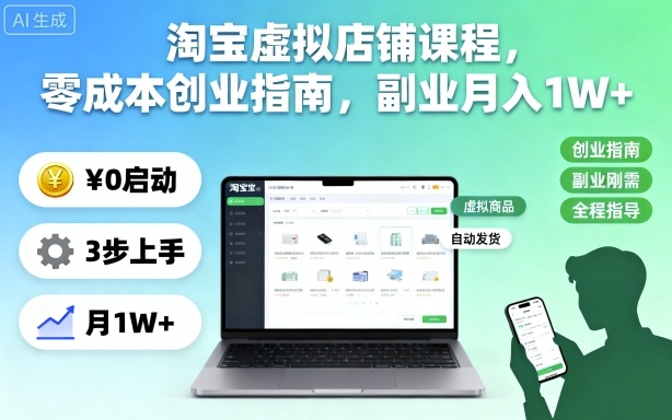 淘宝虚拟店铺课程，零成本创业指南，副业月入1W+-龙大资源