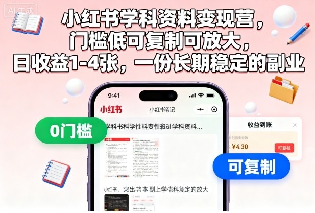 小红书学科资料变现营，门槛低可复制可放大，日收益1-4张，一份长期稳定的副业-龙大资源