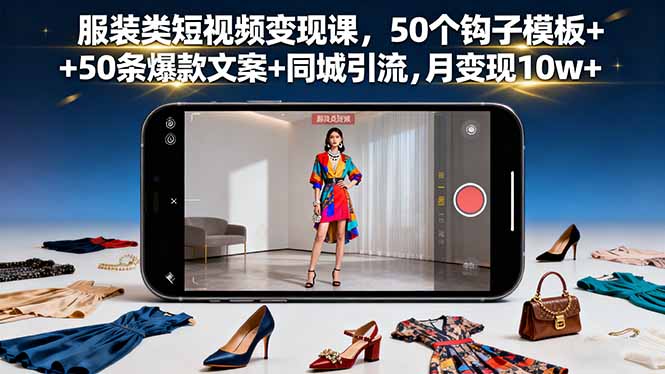 服装类短视频变现课，50个钩子模板+50条爆款文案+同城引流，月变现10w+-龙大资源