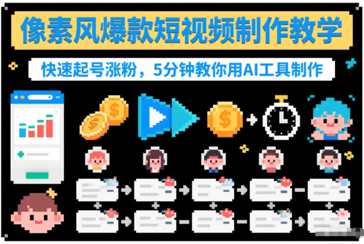 像素风爆款短视频制作教学，快速起号涨粉，5分钟教你用AI工具制作-龙大资源