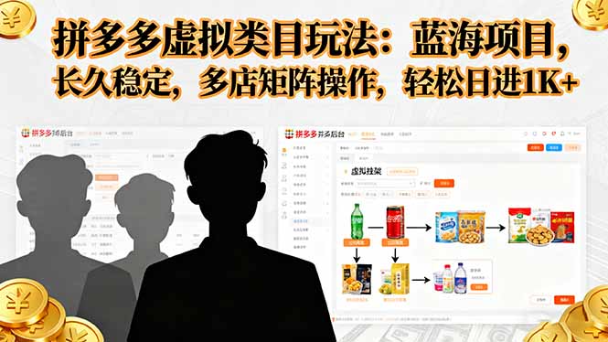 拼多多虚拟类目玩法，蓝海项目，长久稳定，多店矩阵操作，轻松日进1K+-龙大资源