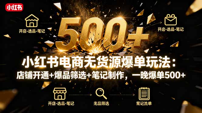 小红书电商无货源爆单玩法：店铺开通+爆品筛选+笔记制作，一晚爆单500+-龙大资源