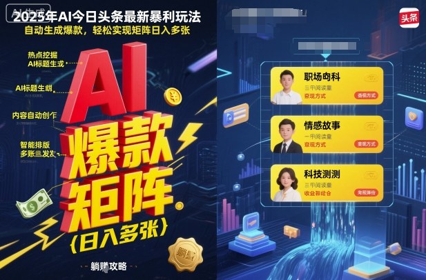 2025年AI今日头条最新暴利玩法，自动生成爆款，轻松实现矩阵日入多张-龙大资源