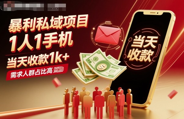 暴利私域项目1人1手机，当天收款1k+，需求人群占比高，当天就能见到钱-龙大资源