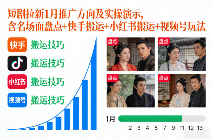短剧拉新1月推广方向及实操演示,含名场面盘点+快手搬运+小红书搬运+视频号玩法-龙大资源