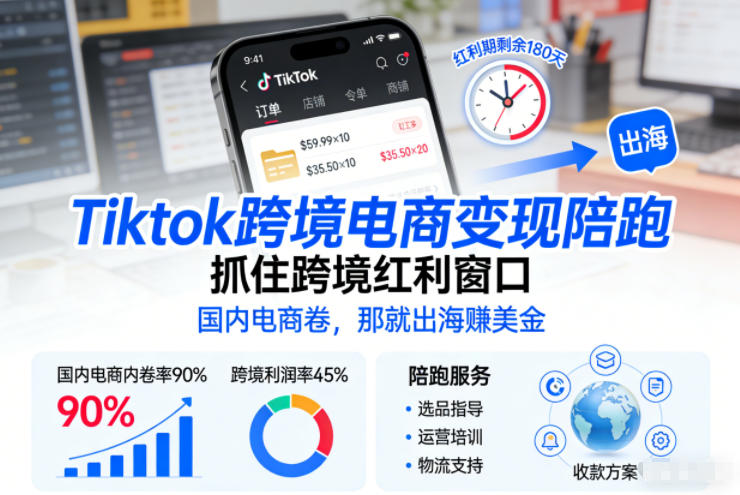Tiktok跨境电商变现陪跑，抓住跨境红利窗口，国内电商卷，那就出海賺美金-龙大资源