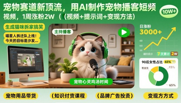 宠物赛道新顶流，用AI制作宠物播客短视频，1周涨粉2W(视频+提示词+变现方法)-龙大资源