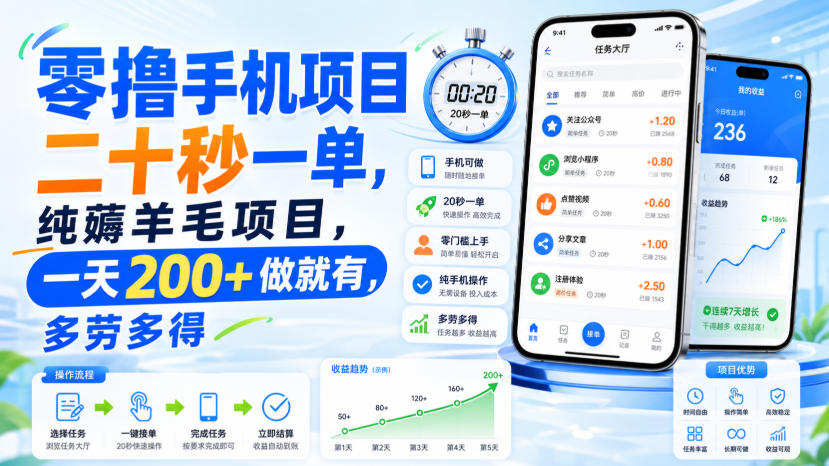 零撸手机项目,二十秒一单,纯薅羊毛项目,一天200+做就有,多劳多得【揭秘】-龙大资源