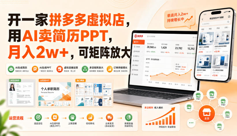 开一家拼多多虚拟店,用AI卖简历PPT,月入2w+,可矩阵放大【揭秘】-龙大资源