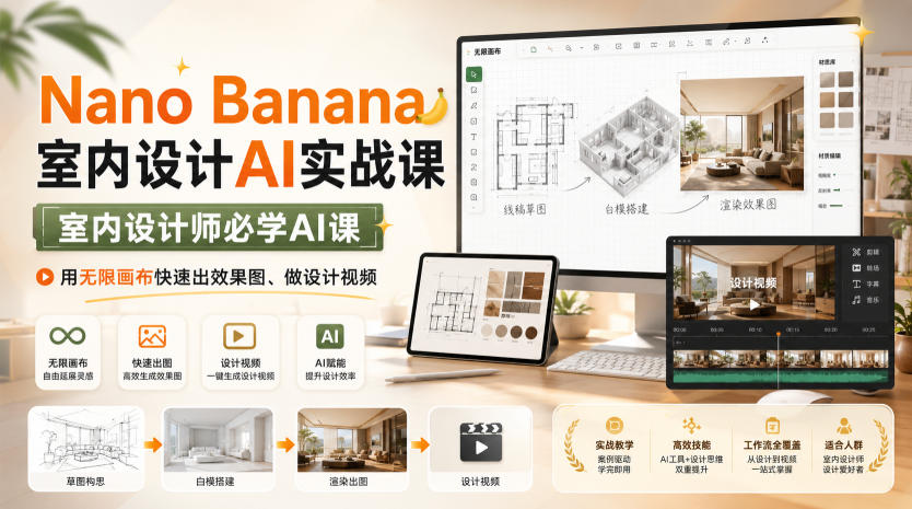 Nano Banana室内设计AI实战课，室内设计师必学AI课，用无限画布快速出效果图、做设计视频-龙大资源