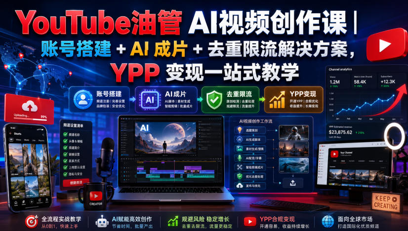 YouTube油管AI视频创作课|账号搭建+AI成片+去重限流解决方案,YPP变现一站式教学(更新0817)-龙大资源