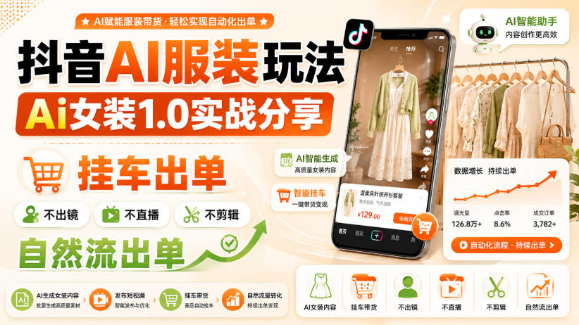 抖音AI服装玩法,Ai女装1.0实战分享,挂车出单,不出镜,不直播,不剪辑,自然流出单-龙大资源