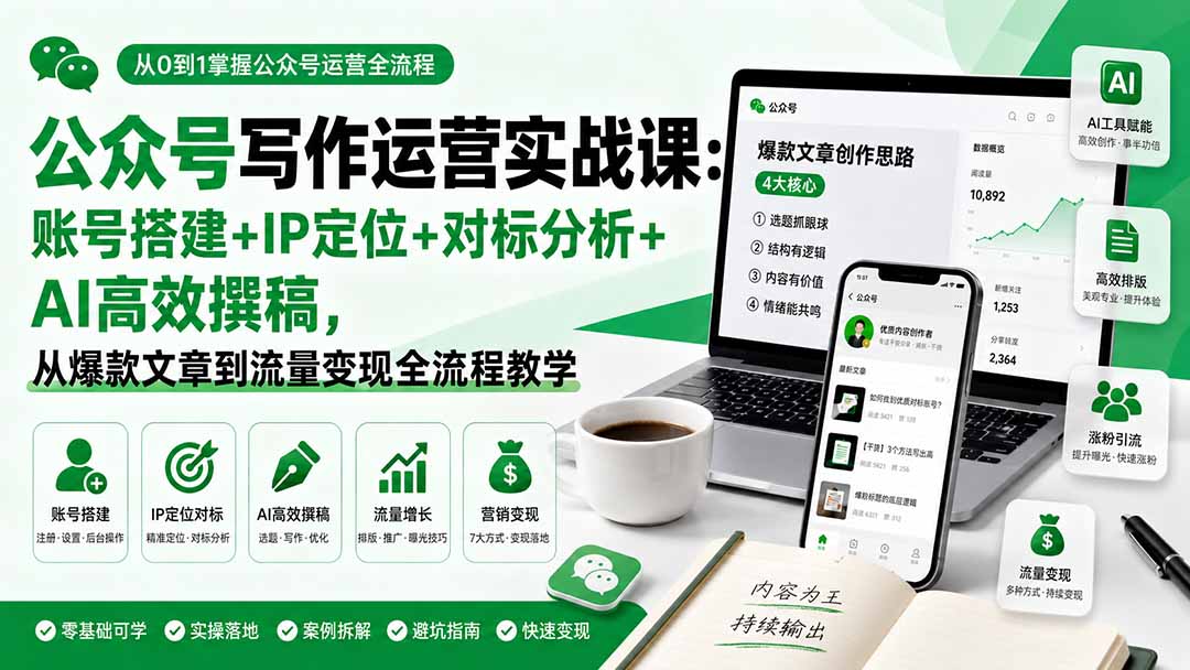 公众号写作运营实战课:账号搭建+IP定位+对标分析+AI高效撰稿,从爆款文章到流量变现全流程教学-龙大资源