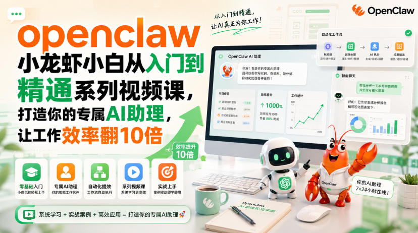 openclaw小龙虾小白从入门到精通系列视频课,打造你的专属AI助理,让工作效率翻10倍-龙大资源