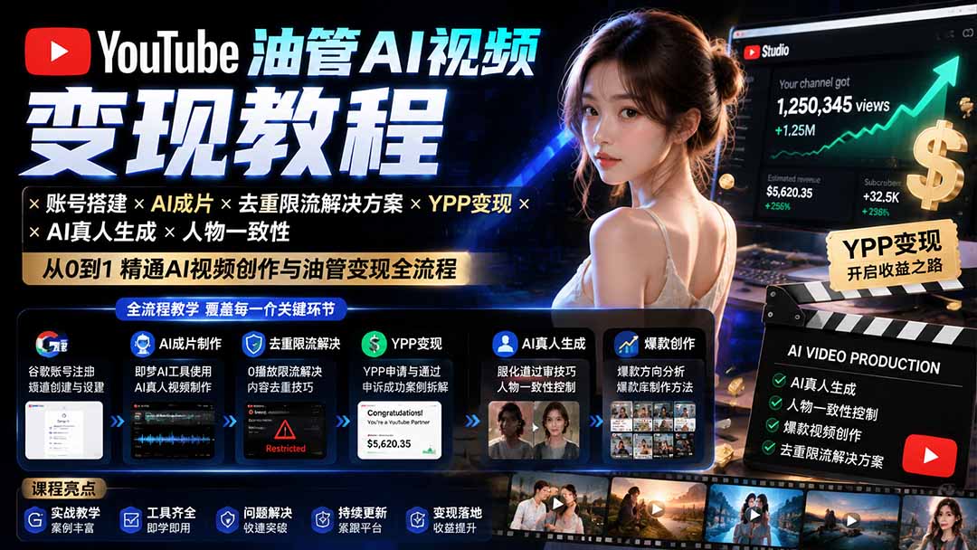 YouTube油管AI视频变现教程-更新:账号搭建×AI成片×去重限流解决方案×YPP变现×AI真人生成×人物一致性-龙大资源
