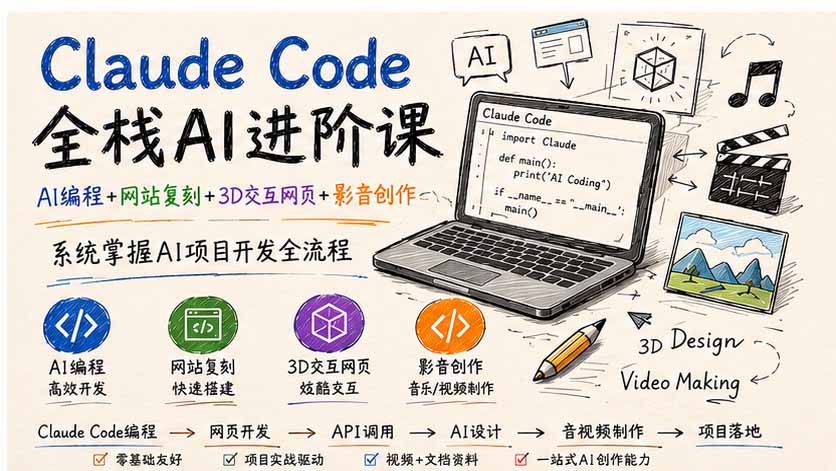Claude Code全栈AI进阶课;AI编程+网站复刻+3D交互网页+影音创作,系统掌握AI项目开发全流程-龙大资源