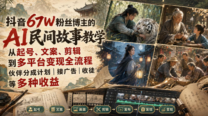 抖音67W粉丝博主的AI民间故事教学,从起号、文案、剪辑到多平台变现全流程,伙伴分成计划接广告等多种收益,月入1W+-龙大资源
