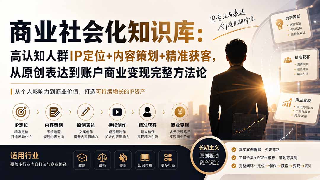 商业社会化知识库：高认知人群IP定位+内容策划+精准获客，从原创表达到账户商业变现完整方法论-龙大资源