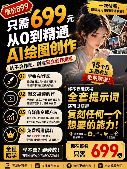 抖音10W粉丝博主的AI绘图教学,从0到精通AI绘图创作,从不会作图到能独立创作变现-龙大资源