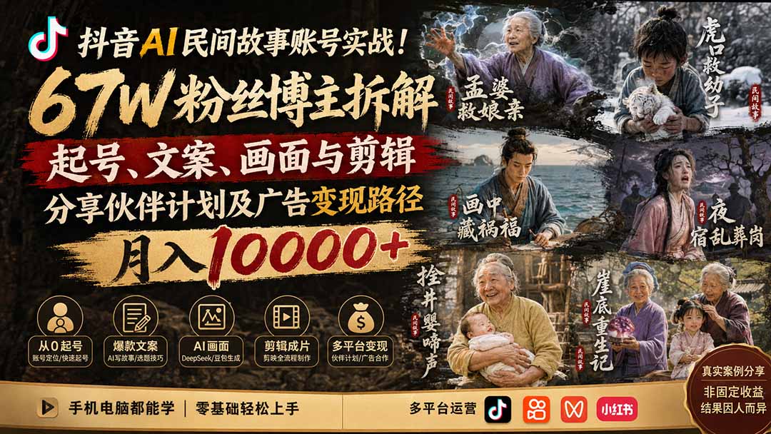 抖音AI民间故事账号实战!67W粉丝博主拆解起号、文案、画面与剪辑,分享伙伴计划及广告变现路径,月入10000+-龙大资源